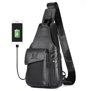 Bullcaptain kožená taška přes rameno s USB  Maksim Černý 5L