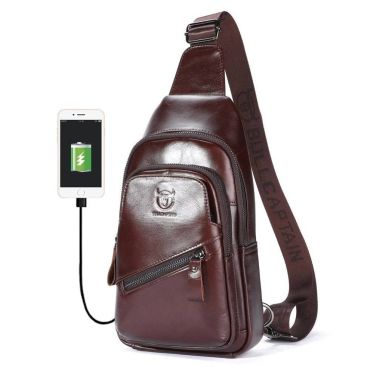 Bullcaptain kožená taška přes rameno s USB Makar Hnědá 5L
