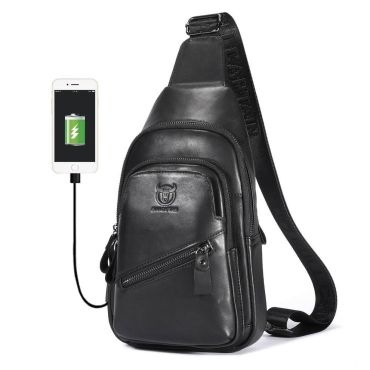 Bullcaptain kožená taška přes rameno s USB Makar Černá 5L