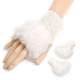 Pletené rukavice bezprsté s kožíškem bílé