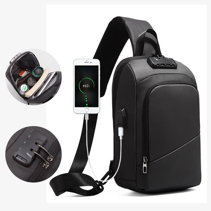 Outdoor batoh přes rameno s USB a zámkem Černý