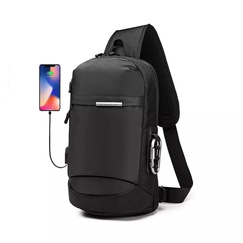 Ozuko Outdoor batoh přes rameno s USB + karabinka Černá 8L